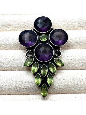 Amethyst Peridot Gemstone Sterling Silver Pendant 2.25 Inch